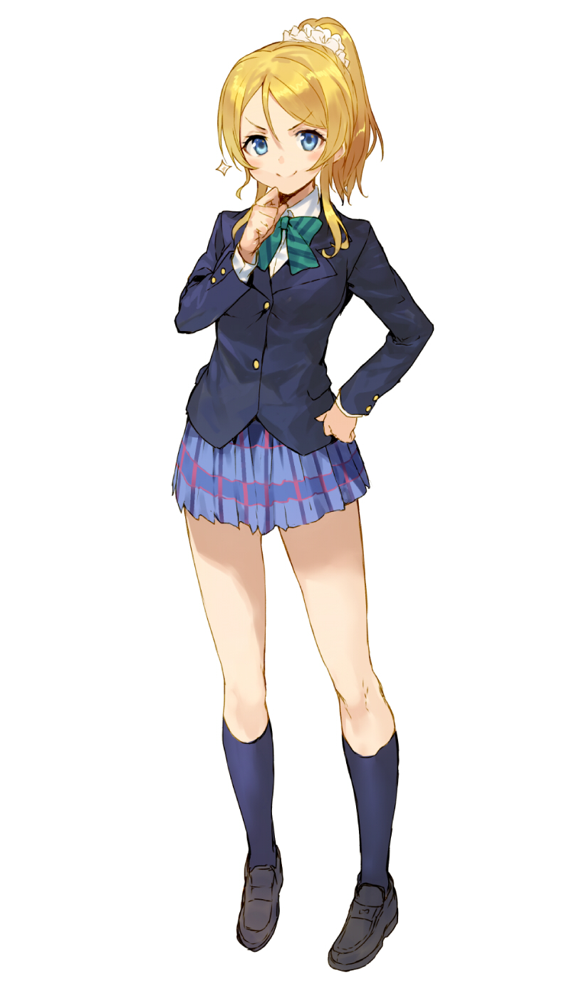 1girl ayase_eli black_jacket blue_eyes blue_legwear blue_skirt blush bow bowtie closed_mouth full_body green_bow green_neckwear grey_footwear hair_ornament hair_scrunchie hand_on_hip hand_up highres jacket loafers long_hair long_sleeves looking_at_viewer love_live! love_live!_school_idol_project miniskirt pleated_skirt ponytail scrunchie shirabi shirt shoes simple_background skirt smile smug socks solo v-shaped_eyebrows white_background white_shirt