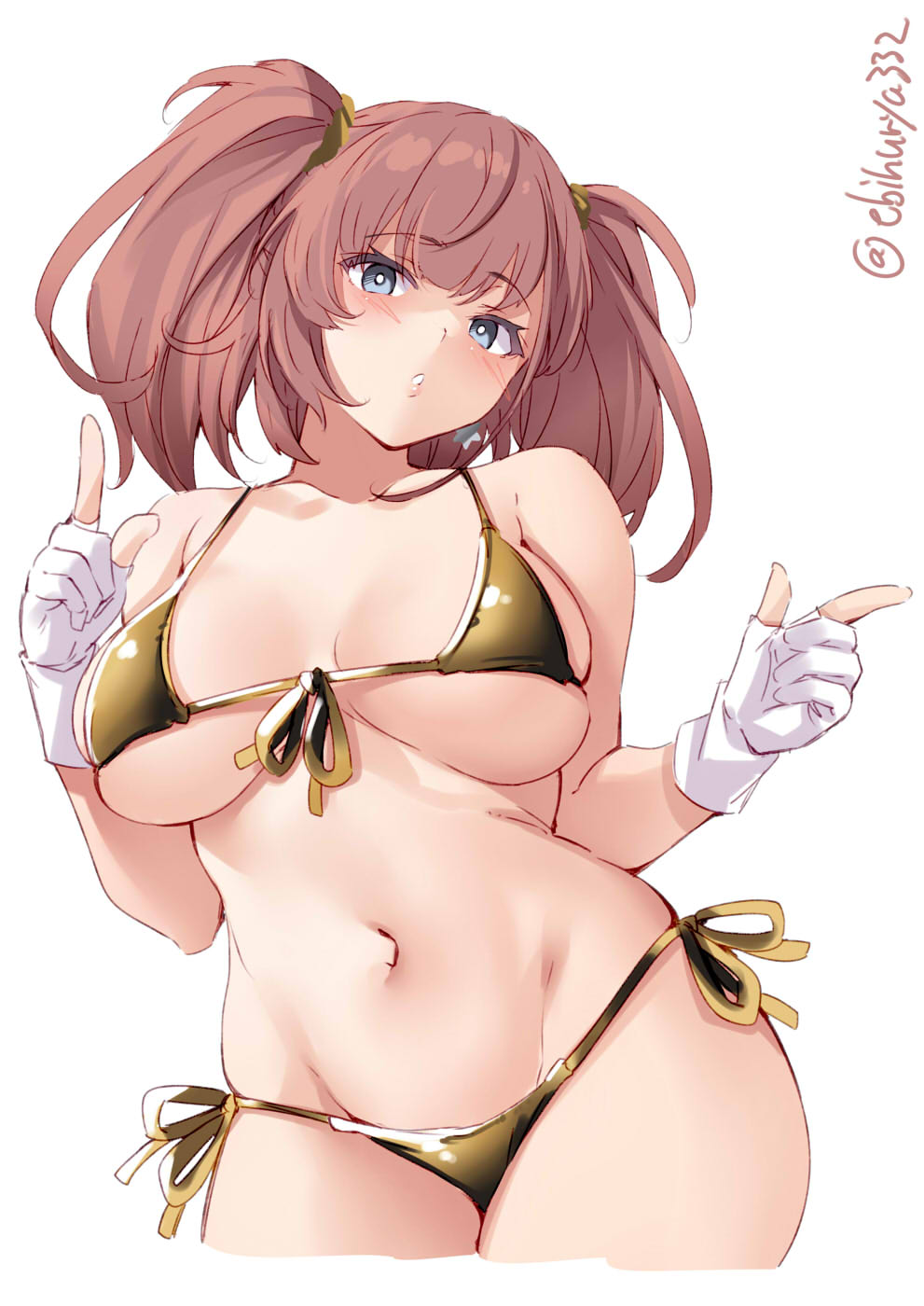 1girl atlanta_(kantai_collection) bikini blush breasts brown_hair cowboy_shot earrings ebifurya front-tie_bikini front-tie_top gloves gold_bikini grey_eyes highres index_finger_raised jewelry kantai_collection large_breasts light_blush long_hair navel partially_fingerless_gloves pointing pointing_at_viewer side-tie_bikini star_(symbol) star_earrings stomach swimsuit twitter_username two_side_up white_background