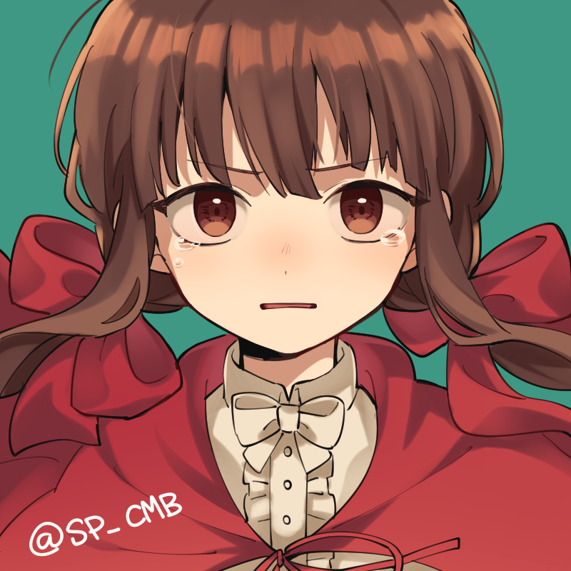 1girl alternate_costume alternate_hair_ornament bangs bow brown_hair cape center_frills commentary_request dangan_ronpa frills green_background hair_ornament harukawa_maki long_hair looking_at_viewer low_twintails new_dangan_ronpa_v3 open_mouth red_bow red_cape red_eyes shirt simple_background solo takagiri tearing_up twintails white_shirt