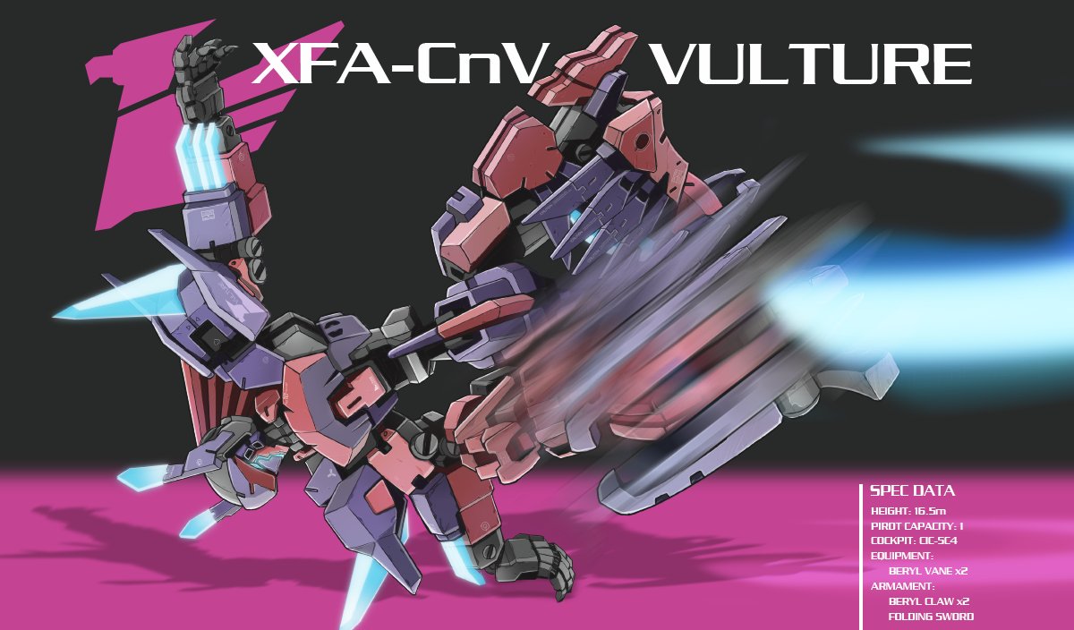 blue_eyes breakdance character_name frame_arms glowing glowing_eyes looking_down mecha motion_blur no_humans open_hand photo-referenced science_fiction solo suzu_(garage516) vulture_(frame_arms)