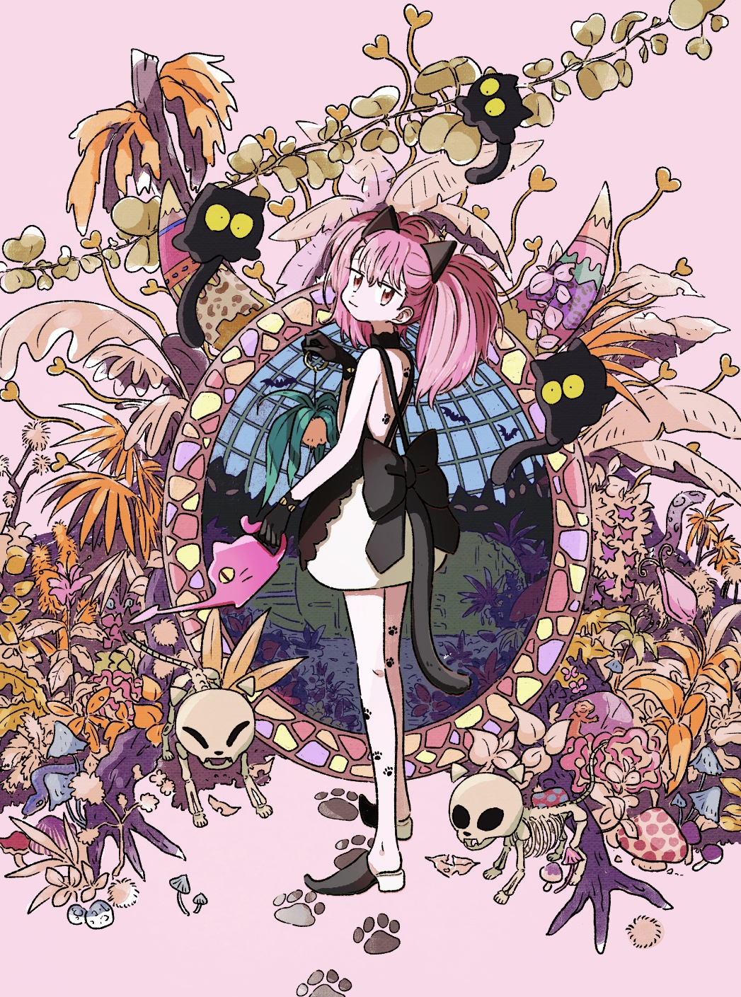 1girl back_bow bangs black_bow black_cat black_footwear black_gloves bow cat cat_tail flower from_side gloves highres holding holding_watering_can leaf looking_at_viewer mokeo mushroom original paw_print pink_background pink_eyes pink_flower pink_hair plant shoes skeleton solo tail twintails watering_can