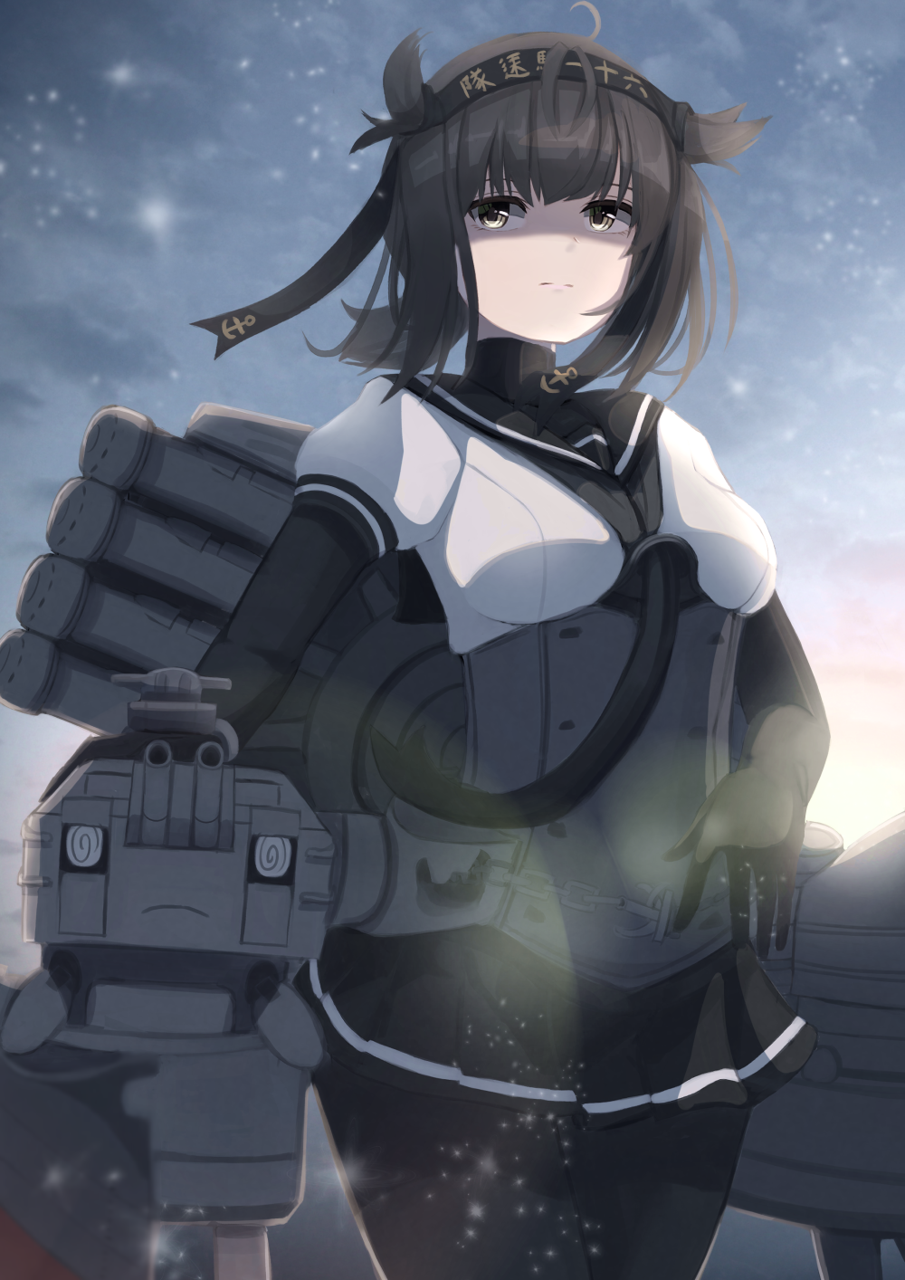 1girl anchor_symbol black_bodysuit black_hair black_headband black_neckwear black_sailor_collar black_skirt bodysuit brown_eyes chou-10cm-hou-chan_(hatsuzuki's) closed_mouth clothes_writing cowboy_shot hachimaki hatsuzuki_(kantai_collection) headband highres kantai_collection machinery neckerchief pleated_skirt rigging sailor_collar school_uniform serafuku short_hair skirt solo totoraisu