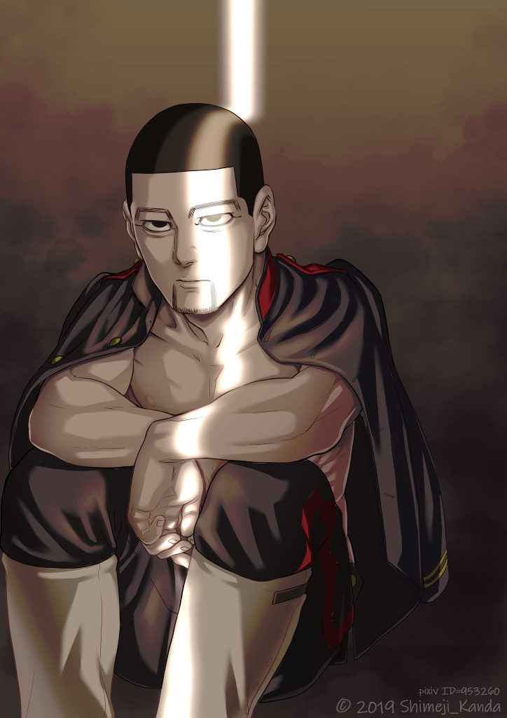 1boy bare_pecs black_eyes black_hair blue_jacket blue_pants buzz_cut collarbone decoy00xx expressionless facial_hair feet_out_of_frame gaiters goatee golden_kamuy hair_strand jacket knees_up light long_sleeves male_focus military military_uniform ogata_hyakunosuke open_clothes open_jacket pants scar scar_on_cheek scar_on_face short_hair sitting solo stubble toned toned_male uniform very_short_hair