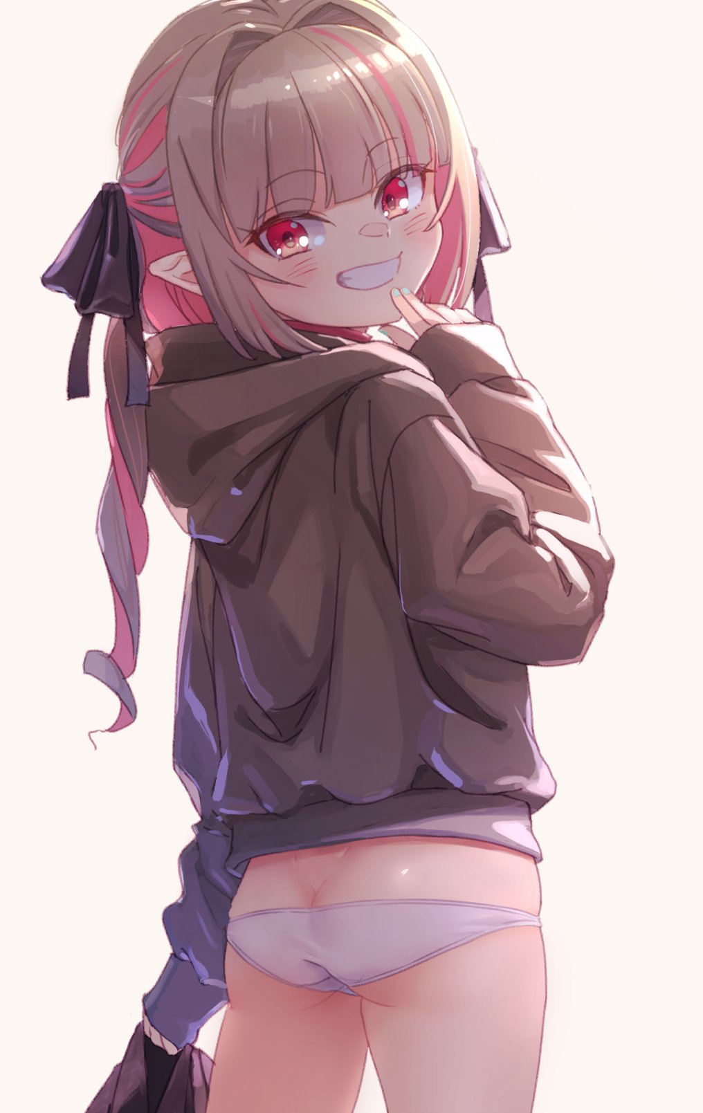 1girl ass black_ribbon blush dimples_of_venus eyebrows_visible_through_hair grey_hair hair_ribbon highres hood hoodie long_hair looking_at_viewer looking_back makaino_ririmu multicolored_hair nijisanji no_pants panties pink_hair pointy_ears red_eyes ribbon sabamen simple_background sleeves_past_wrists smile solo teeth twintails two-tone_hair underwear virtual_youtuber white_background white_panties