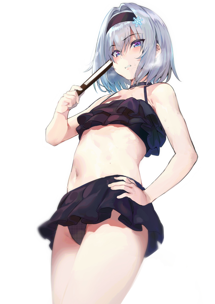 1girl bikini bikini_skirt black_bikini choker commentary_request eyebrows_visible_through_hair fan flat_chest frilled_bikini frills from_below hair_between_eyes hair_intakes hair_ornament hairband hand_on_hip holding holding_fan iku_(ikuchan_kaoru) looking_at_viewer navel parted_lips revision ryuuou_no_oshigoto! short_hair silver_hair simple_background snowflake_hair_ornament solo sora_ginko swimsuit teeth white_background