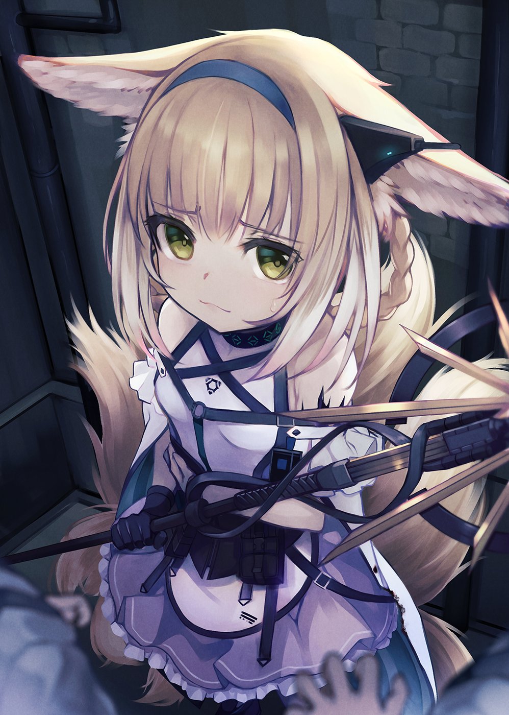 1girl :3 animal_ears arknights black_gloves blonde_hair blue_hairband braid chest_tattoo collar commentary criss-cross_halter dress earpiece eorx eyebrows_visible_through_hair fox_ears fox_tail frilled_dress frills gloves green_eyes hairband halterneck highres holding holding_staff kitsune looking_at_viewer multiple_tails oripathy_lesion_(arknights) staff standing suzuran_(arknights) sweatdrop tail tattoo white_dress