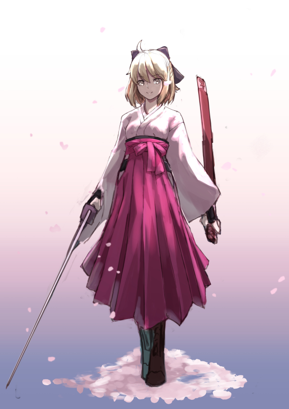 1girl ahoge ankimo_(nirudo) bangs black_bow blonde_hair boots bow brown_footwear closed_mouth elbow_gloves eyebrows_visible_through_hair fate_(series) full_body gloves gradient gradient_background hair_bow high-waist_skirt holding holding_sheath holding_sword holding_weapon japanese_clothes kimono koha-ace long_sleeves looking_at_viewer medium_hair okita_souji_(fate) okita_souji_(fate)_(all) pink_skirt sheath skirt smile solo standing sword weapon white_kimono