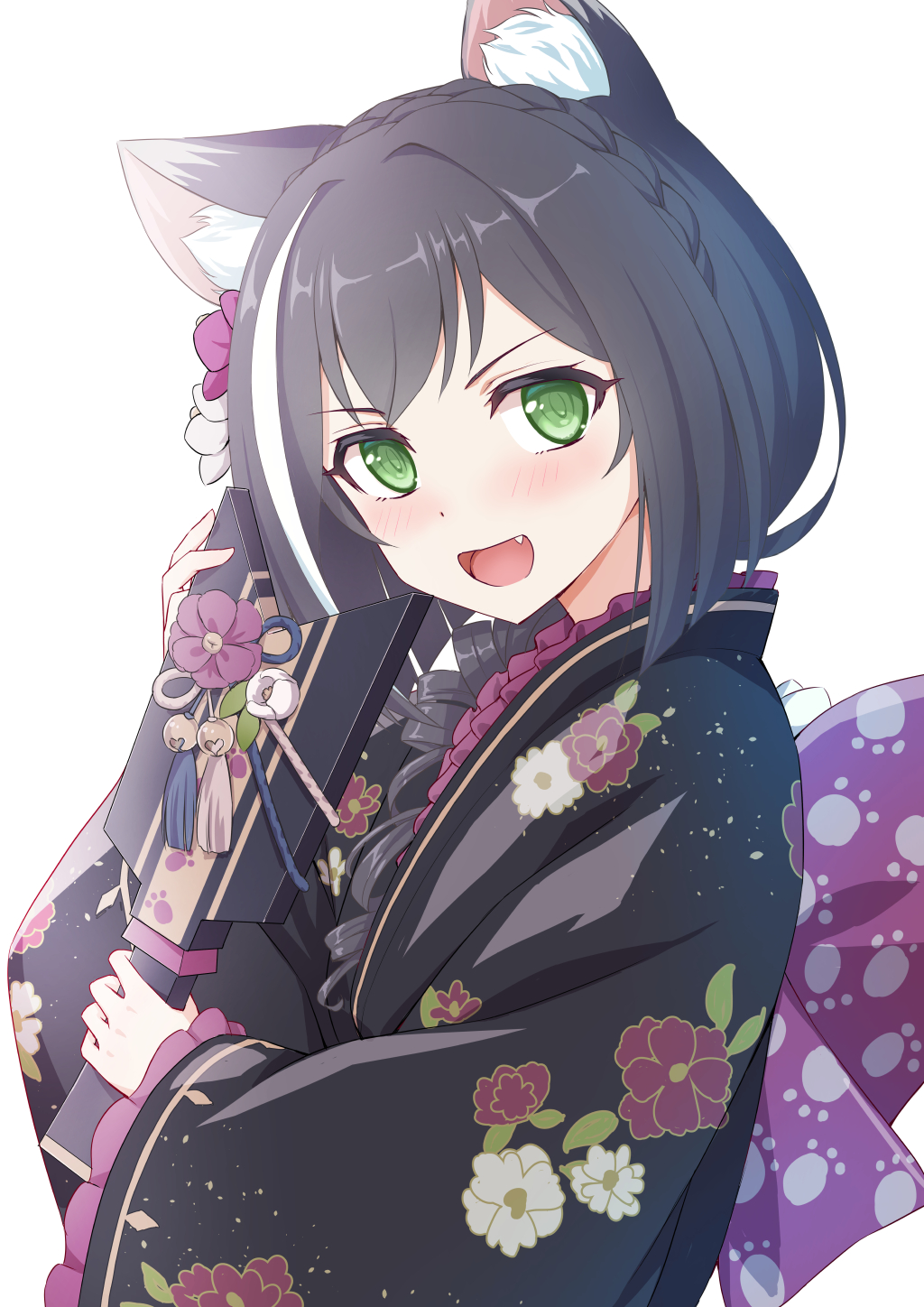 1girl :d animal_ear_fluff animal_ears bangs black_hair black_kimono blush braid cat_ears cat_girl cat_tail commentary eyebrows_visible_through_hair fang floral_print flower french_braid green_eyes hair_flower hair_ornament highres holding japanese_clothes karyl_(princess_connect!) kimono long_hair looking_at_viewer multicolored_hair new_year obi open_mouth pink_sash princess_connect! princess_connect!_re:dive sash sigma_rio smile solo streaked_hair tail white_background white_hair