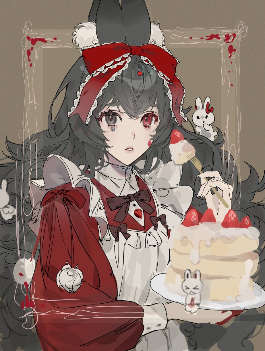 1girl animal_ear_fluff animal_ears apron big_hair black_eyes black_hair bow bowtie brown_bow brown_neckwear cake dress facial_mark food fork fruit heterochromia highres holding holding_food holding_fork long_hair long_sleeves looking_at_viewer original parted_lips rabbit rabbit_ears red_dress red_eyes sankomichi solo strawberry strawberry_shortcake tray upper_body white_apron