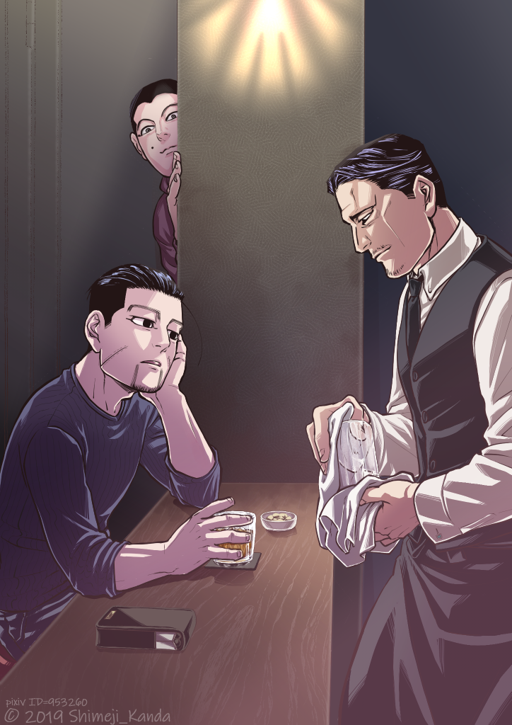 3boys alternate_costume apron black_eyes black_hair butler character_request cigarette_box cleaning contemporary cup decoy00xx drinking_glass elbow_rest facial_hair goatee golden_kamuy hair_slicked_back hair_strand looking_at_another male_focus mole multiple_boys necktie ogata_hyakunosuke peeking_out scar scar_on_cheek scar_on_face short_hair stubble undercut usami_tokishige waist_apron wooden_table