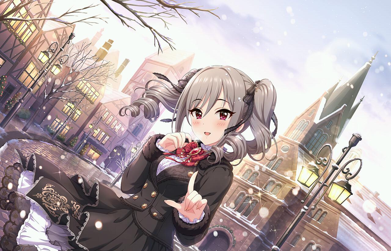 1girl architecture black_coat black_ribbon blush brick_road building buttons chimney christmas_lights coat dress drill_hair eyebrows_visible_through_hair fur_trim hair_ribbon idolmaster idolmaster_cinderella_girls idolmaster_cinderella_girls_starlight_stage kanzaki_ranko lace_trim lamppost layered_dress looking_at_viewer official_art pocket red_eyes red_ribbon ribbon silver_hair snow tree twin_drills twintails winter winter_clothes