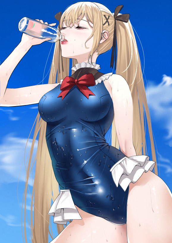 1girl arm_up azur_lane blonde_hair blue_eyes blue_swimsuit bottle breasts closed_eyes covered_navel dead_or_alive drinking frilled_swimsuit frills hair_ornament hairclip long_hair marie_rose one-piece_swimsuit ootani_nonno outdoors ribbon solo swimsuit twintails very_long_hair water water_bottle wet wet_clothes wet_swimsuit
