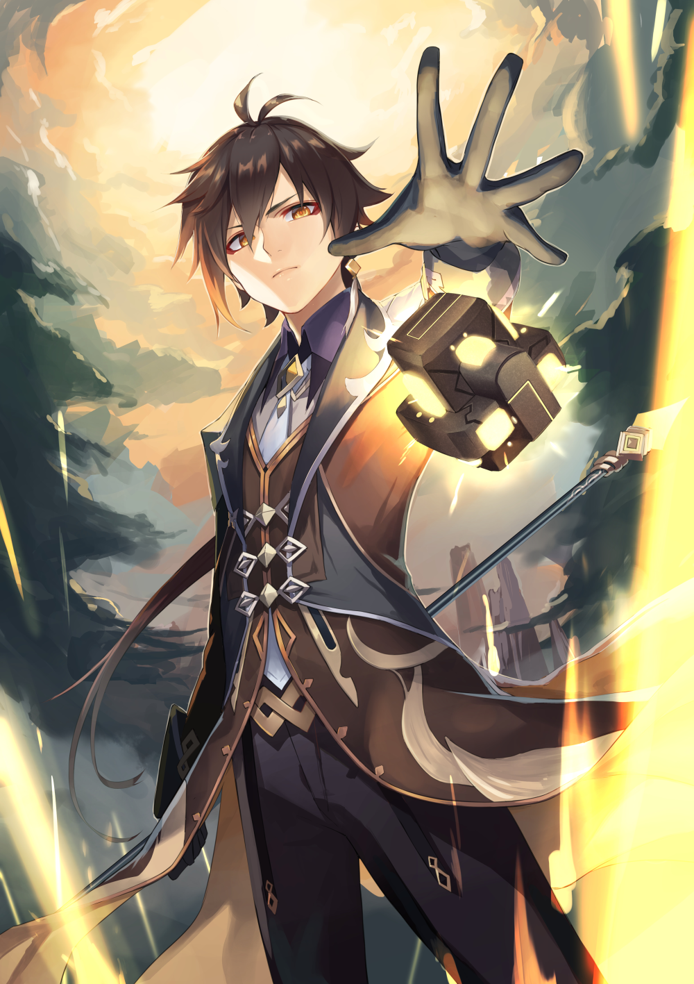 1boy bangs black_gloves black_hair brown_hair closed_mouth clouds cloudy_sky formal genshin_impact gloves glowing hair_between_eyes highres holding holding_weapon jacket jewelry long_hair long_sleeves looking_at_viewer male_focus multicolored_hair polearm ponytail rock shimotsuki_shio single_earring sky solo spear suit weapon yellow_eyes zhongli_(genshin_impact)