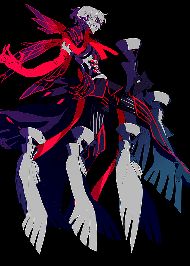 1boy antonio_salieri_(fate/grand_order) black_background black_footwear elbow_gloves fate_(series) gloves grey_hair high_heels male_focus multiple_wings o_ikw open_hand parted_lips red_eyes red_gloves red_neckwear shaded_face smile solo striped white_headwear wings