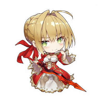 ahoge artoria_pendragon_(all) blonde_hair breasts chibi comiket_94 dress epaulettes fate/extra fate/grand_order fate_(series) gabiran green_eyes hair_bun large_breasts lowres nero_claudius_(fate) nero_claudius_(fate)_(all) olympian_bloomers red_dress saber see-through sword weapon white_background