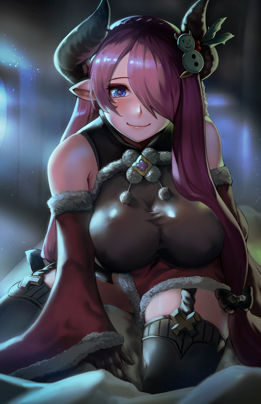 1girl bare_shoulders blue_eyes blush breasts bright_pupils comic-z detached_sleeves draph fur_trim gloves granblue_fantasy hair_over_one_eye highres holly horns large_breasts long_hair narmaya_(granblue_fantasy) on_bed pink_hair pointy_ears pom_pom_(clothes) santa_dress sitting smile snowman_hair_ornament solo thigh-highs very_long_hair zettai_ryouiki