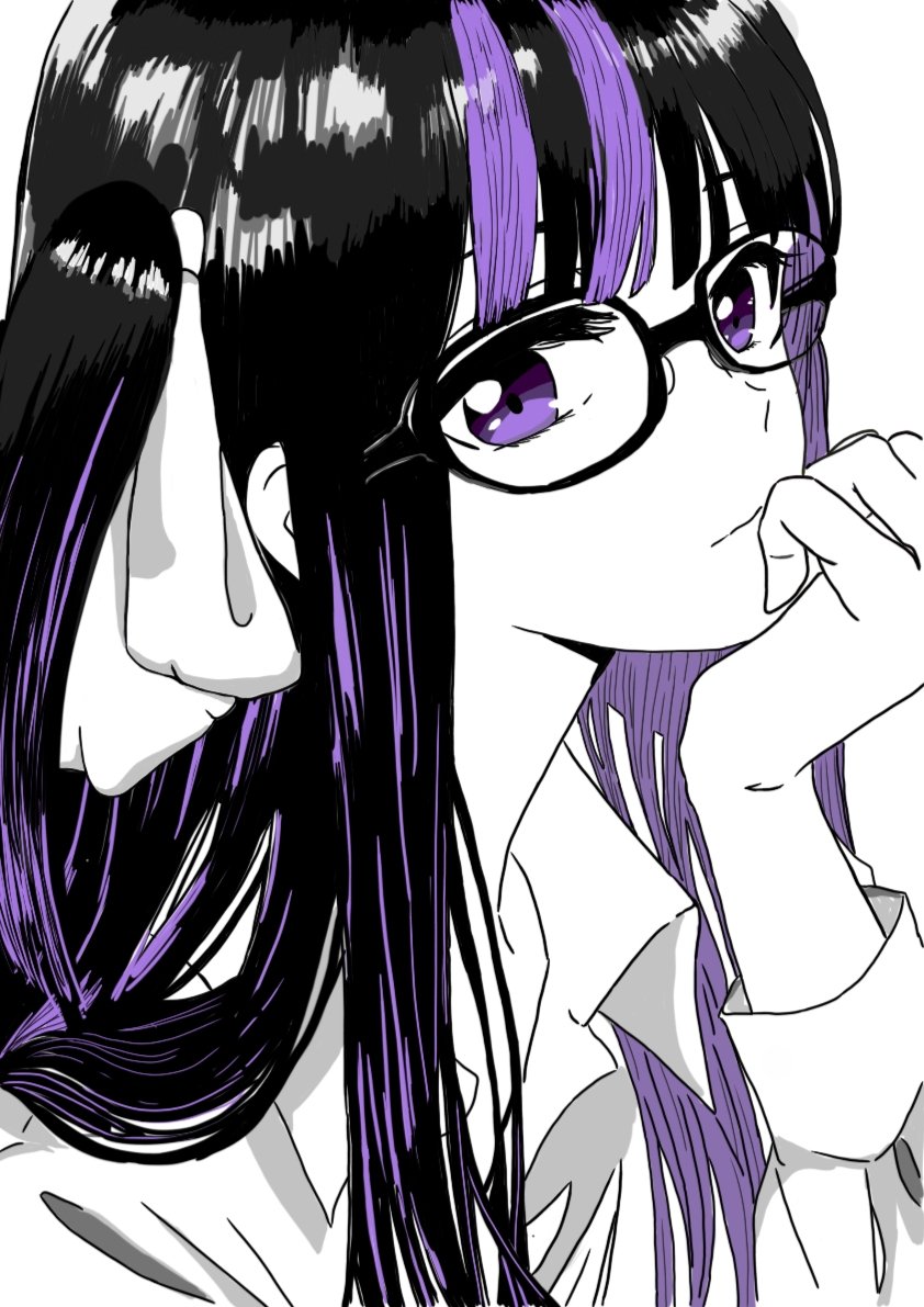 1girl bangs black_hair blunt_bangs close-up collared_shirt colored_inner_hair english_commentary eyebrows_behind_hair glasses indie_virtual_youtuber looking_at_viewer multicolored_hair nero_d._nekomancer pale_skin purple_hair ririsya shirt short_sidetail solo spot_color streaked_hair violet_eyes virtual_youtuber white_background