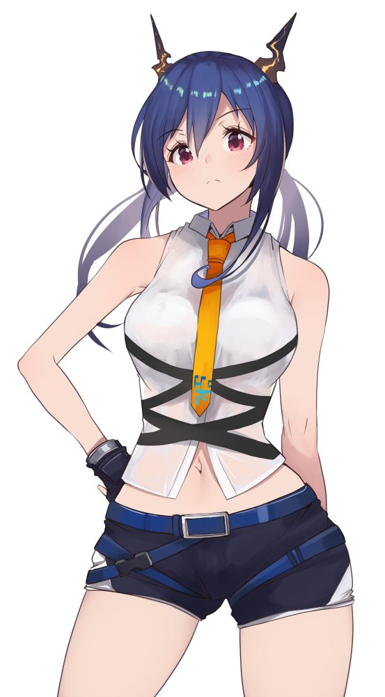 1girl arknights blue_hair blue_shorts breasts ch'en_(arknights) cowboy_shot dragon_horns fingerless_gloves frown gloves horns large_breasts long_hair low_twintails midriff navel necktie orange_neckwear red_eyes shirt short_shorts shorts simple_background sleeveless solo tied_hair twintails white_background white_shirt yuzuruka_(bougainvillea)