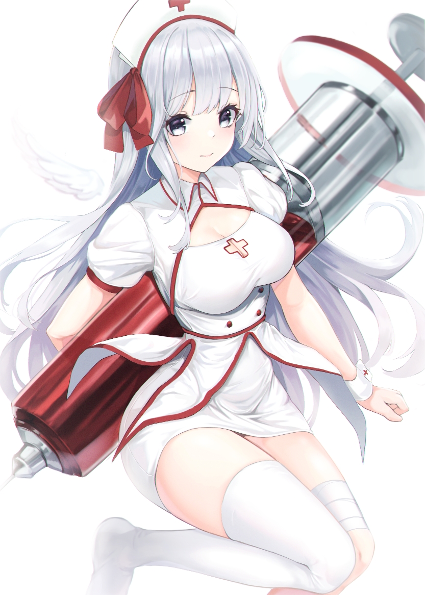 1girl arm_behind_back bandaged_leg bandages bangs breasts closed_mouth dress full_body g_home hat large_breasts long_hair looking_at_viewer maplestory no_shoes nurse nurse_cap puffy_sleeves red_ribbon ribbon short_sleeves silver_hair single_thighhigh skindentation smile solo symbol_commentary syringe thigh-highs white_background white_dress white_legwear wrist_cuffs