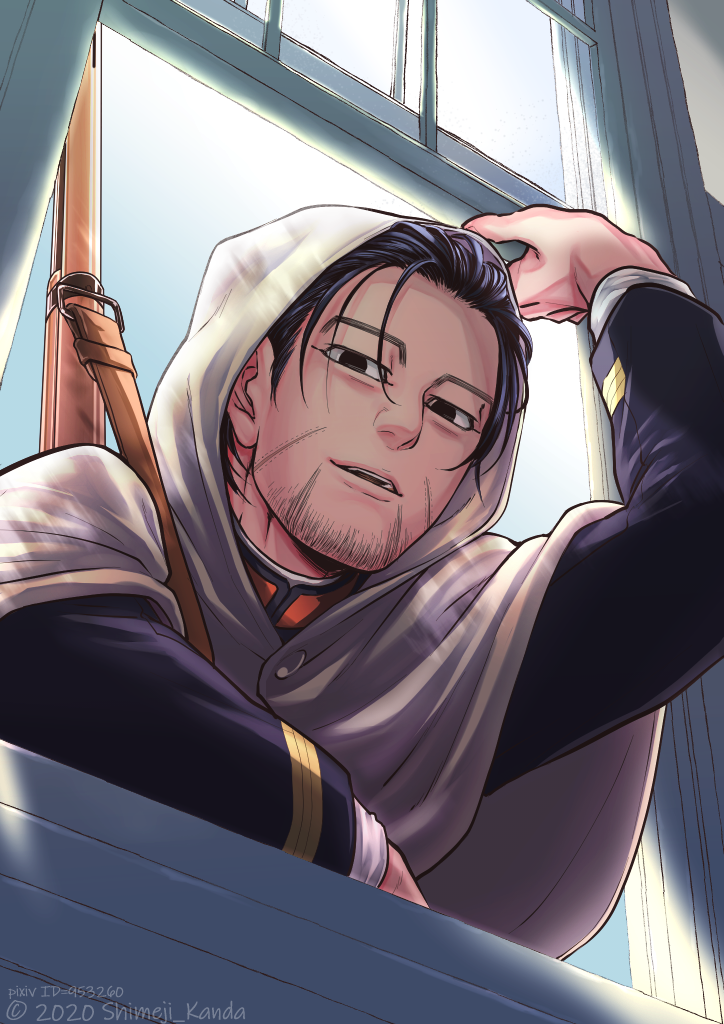 1boy arisaka black_eyes black_hair blue_jacket bolt_action cloak collared_jacket decoy00xx facial_hair goatee golden_kamuy gun hair_slicked_back hair_strand hood hood_up hooded_cloak jacket light_smile long_sleeves looking_at_viewer male_focus military military_uniform ogata_hyakunosuke rifle scar scar_on_cheek scar_on_face short_hair solo stubble undercut uniform upper_body weapon weapon_on_back window