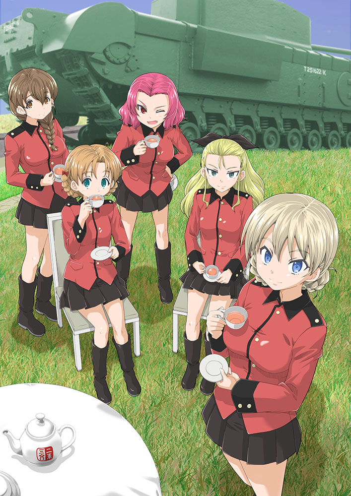 5girls assam_(girls_und_panzer) bangs black_footwear black_ribbon black_skirt blonde_hair blue_eyes blue_sky boots bow braid brown_eyes brown_hair chair churchill_(tank) clear_sky closed_mouth commentary_request cup darjeeling_(girls_und_panzer) day drinking epaulettes eyebrows_visible_through_hair girls_und_panzer grass ground_vehicle hair_bow hair_over_shoulder hair_pulled_back hair_ribbon hand_on_hip holding holding_cup holding_saucer jacket knee_boots long_hair long_sleeves looking_at_viewer medium_hair military military_uniform military_vehicle miniskirt motor_vehicle muichimon multiple_girls one_eye_closed open_mouth orange_hair orange_pekoe_(girls_und_panzer) outdoors parted_bangs partial_commentary pleated_skirt red_bow red_eyes red_jacket redhead ribbon rosehip_(girls_und_panzer) rukuriri_(girls_und_panzer) saucer short_hair single_braid sitting skirt sky smile st._gloriana's_military_uniform standing table tank tea teacup teapot tied_hair twin_braids uniform
