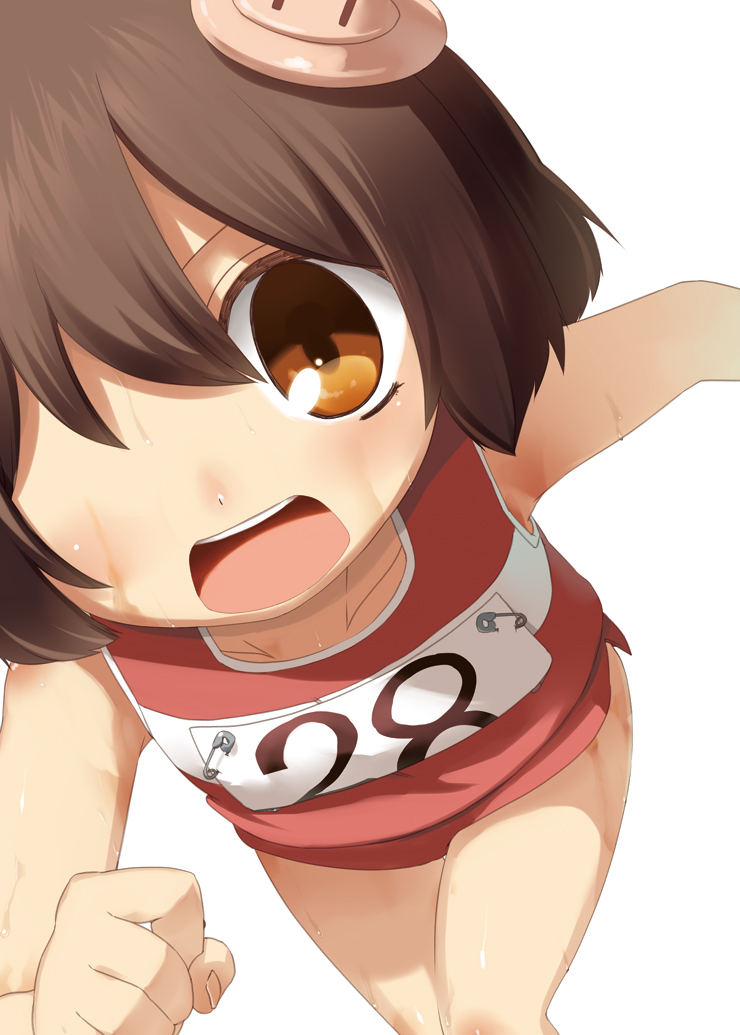 1girl :d brown_eyes brown_hair clothes_pin flat_chest gym_uniform hair_ornament hota looking_at_viewer lsd_~long_slow_distance~ one_eye_covered open_mouth red_shorts red_vest round_teeth running short_hair shorts simple_background sleeveless smile solo sweat teeth upper_teeth vest white_background