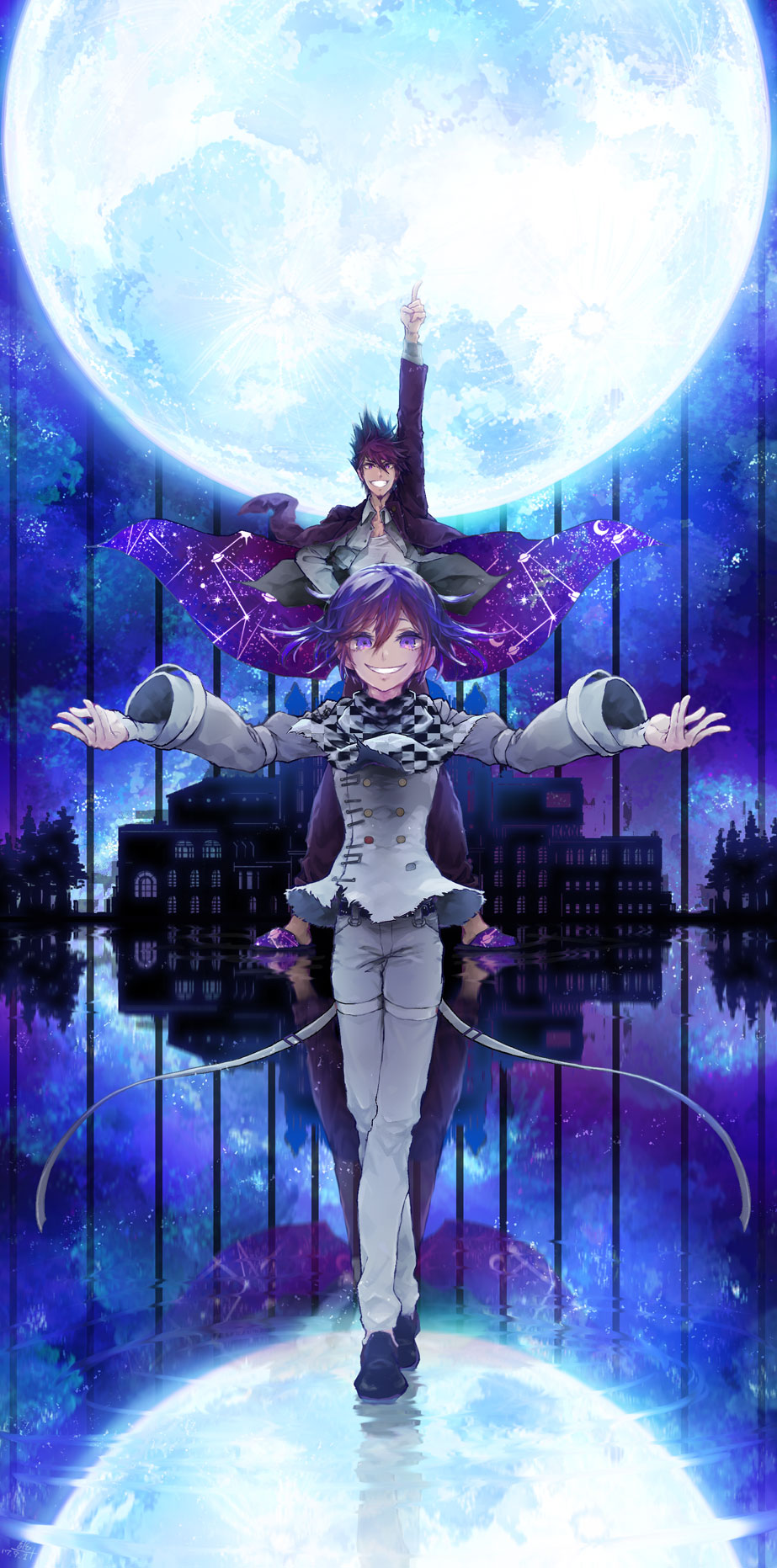 2boys arm_up black_footwear building checkered checkered_scarf commentary_request dangan_ronpa full_body full_moon grin hair_between_eyes highres jacket jacket_on_shoulders long_sleeves looking_at_viewer male_focus momota_kaito moon multiple_boys new_dangan_ronpa_v3 night open_clothes open_shirt ouma_kokichi outstretched_arms pants pointing pointing_up purple_hair reflection scarf shirt short_hair smile space_print spiky_hair standing starry_sky_print straitjacket u_u_ki_u_u violet_eyes white_jacket white_pants white_shirt
