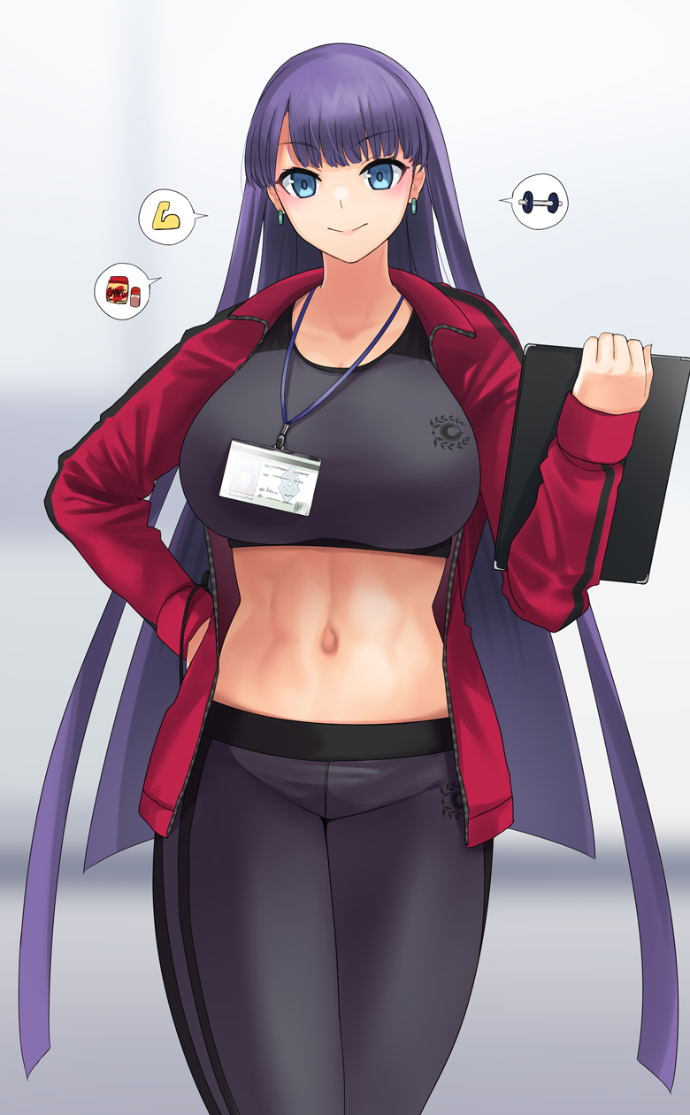 1girl bangs black_pants blunt_bangs blush breasts clipboard earrings fate/grand_order fate_(series) gachou highres jacket jewelry lanyard large_breasts long_hair long_sleeves looking_at_viewer midriff navel open_clothes open_jacket pants purple_hair red_jacket saint_martha smile solo sports_bra straight_hair yoga_pants