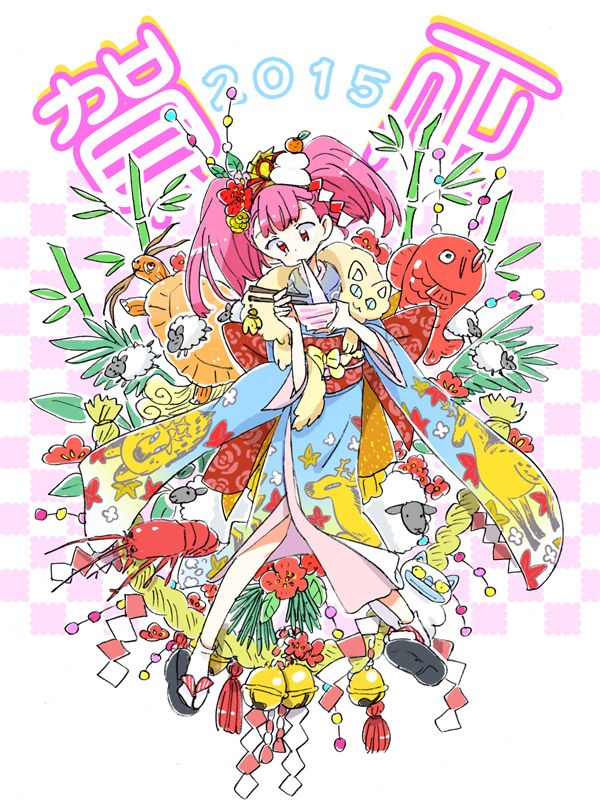 1girl 2015 animal_ears bamboo bangs bell bowl chopsticks eating fish flower japanese_clothes kimono leaf lobster long_hair mokeo obi original pink_hair plant print_kimono red_flower sandals sash sheep socks solo turtle