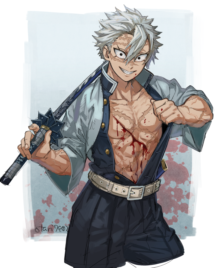 1boy abs artist_name bangs belt black_eyes black_jacket black_pants bleeding blood blood_splatter bloodshot_eyes blue_background collarbone cowboy_shot cropped_legs cuts grin hair_between_eyes hakama_pants haori holding holding_sword holding_weapon indesign injury jacket japanese_clothes katana kimetsu_no_yaiba looking_at_viewer male_focus open_clothes open_jacket over_shoulder pants pectorals sanpaku scar scar_on_chest scar_on_face shinazugawa_sanemi short_hair smile solo sword tsurime two-tone_background uniform weapon weapon_over_shoulder white_background white_belt white_hair wide_sleeves