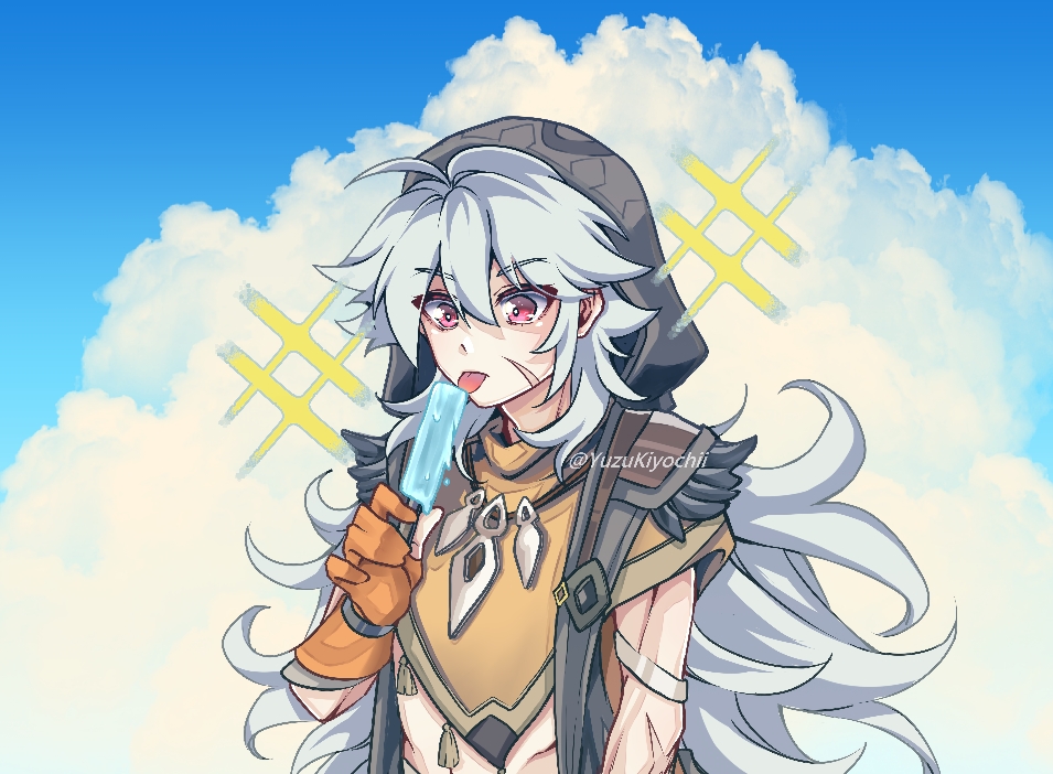 1boy ahoge blue_sky closed_mouth clouds cloudy_sky cumulonimbus_cloud eyebrows_visible_through_hair eyes_visible_through_hair fingerless_gloves food fur_trim genshin_impact gloves gradient gradient_sky grey_hair hair_between_eyes holding holding_food hood hood_up jewelry licking long_hair male_focus melting necklace orange_gloves outdoors partially_fingerless_gloves pink_eyes popsicle razor_(genshin_impact) scar scar_on_face sky solo sparkle tongue tongue_out upper_body yuzukiyo