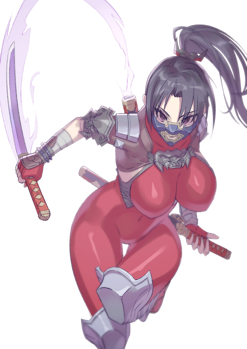 1girl arm_guards armor bandaged_arm bandages bangs black_hair bodysuit breasts covered_navel covered_nipples hair_ornament hair_stick high_ponytail highres holding holding_sword holding_weapon large_breasts ninja parted_bangs red_bodysuit reverse_grip shoulder_armor skin_tight soulcalibur sword taki_(soulcalibur) thigh_gap thighs violet_eyes weapon yagi2013