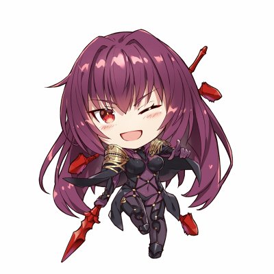 armor bodysuit breasts chibi comiket_95 covered_navel cu_chulainn_(fate)_(all) fate/grand_order fate_(series) gabiran gae_bolg lancer large_breasts leotard long_hair lowres polearm purple_bodysuit purple_hair purple_leotard red_eyes scathach_(fate)_(all) scathach_(fate/grand_order) shoulder_armor spear very_long_hair weapon white_background