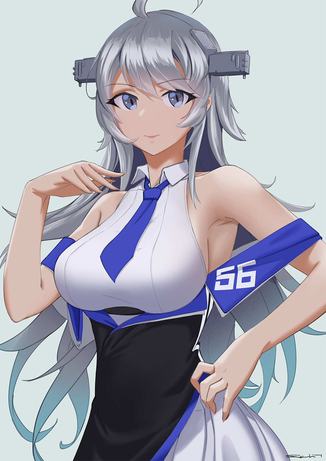 1girl ahoge armpits artist_name bare_shoulders blue_neckwear breasts closed_mouth clothes_writing collared_shirt echt eyebrows_visible_through_hair grey_background grey_eyes headgear highres kantai_collection large_breasts long_hair necktie shirt signature silver_hair simple_background sleeveless sleeveless_shirt solo upper_body washington_(kantai_collection) white_shirt
