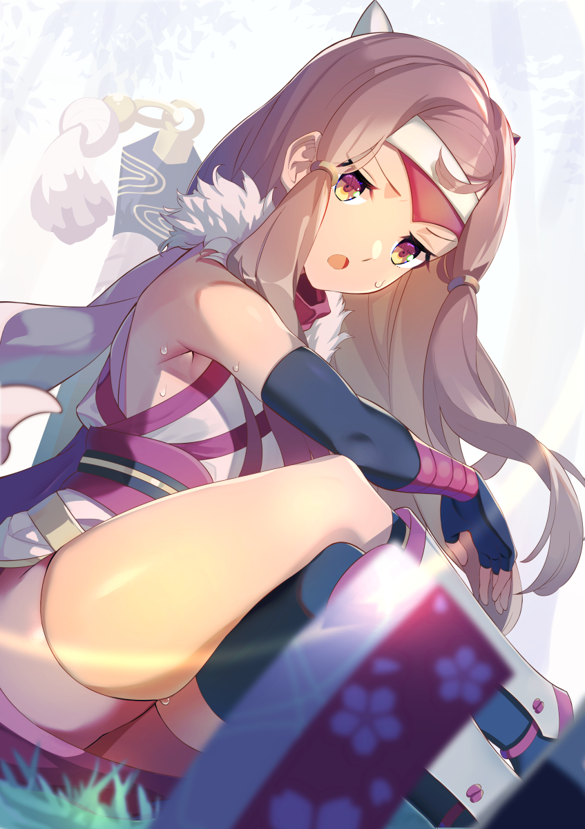 1girl bike_shorts black_gloves black_legwear blurry_foreground brown_eyes brown_hair dutch_angle elbow_gloves fingerless_gloves fire_emblem fire_emblem_fates floating_hair gloves hana_(fire_emblem) headband highres japanese_clothes kimono long_hair looking_at_viewer open_mouth panda_inu pink_shorts shiny shiny_hair short_shorts shorts single_thighhigh sitting sleeveless sleeveless_kimono solo sweatdrop thigh-highs very_long_hair white_kimono