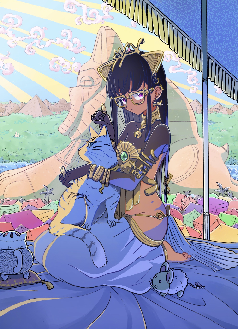 1girl armlet baggy_pants barefoot bell blue_pants bodypaint bracelet breasts cat dark_skin earrings gold-framed_eyewear highres jewelry mokeo no_panties original outdoors palm_tree pants plant pyramid ring river small_breasts solo sparkle sphinx tent tree water