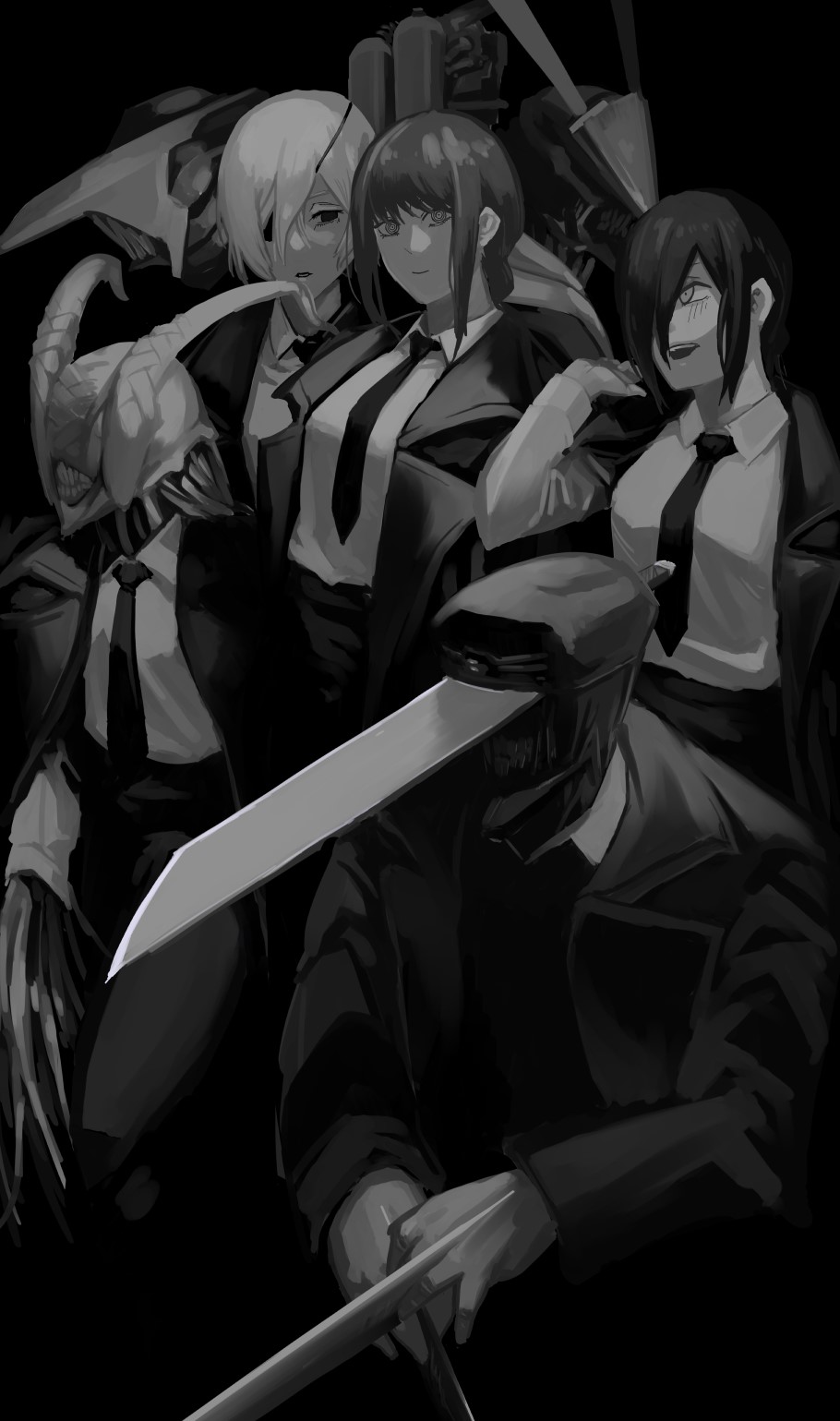 4boys 4girls bangs black_eyepatch black_hair black_jacket black_neckwear black_suit blush braid braided_ponytail breasts business_suit chainsaw_man collared_shirt dark_background demon_boy demon_girl formal hair_over_one_eye highres hybrid jacket katana_man_(chainsawman) light_smile long_hair looking_at_another looking_at_viewer makima_(chainsaw_man) medium_breasts medium_hair monochrome multiple_boys multiple_girls necktie office_lady open_mouth osagirisu ponytail quanxi_(chainsaw_man) reze_(chainsaw_man) ringed_eyes sharp_teeth shirt shirt_tucked_in smile suit teeth transformation white_shirt