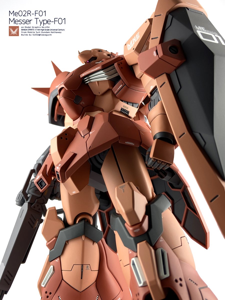 character_name clenched_hand from_below gun gundam gundam_hathaway's_flash gunpla highres holding holding_gun holding_weapon mecha messer_(mobile_suit) model_kit no_humans one-eyed photo_(medium) shield solo suo_(suou_ray) weapon