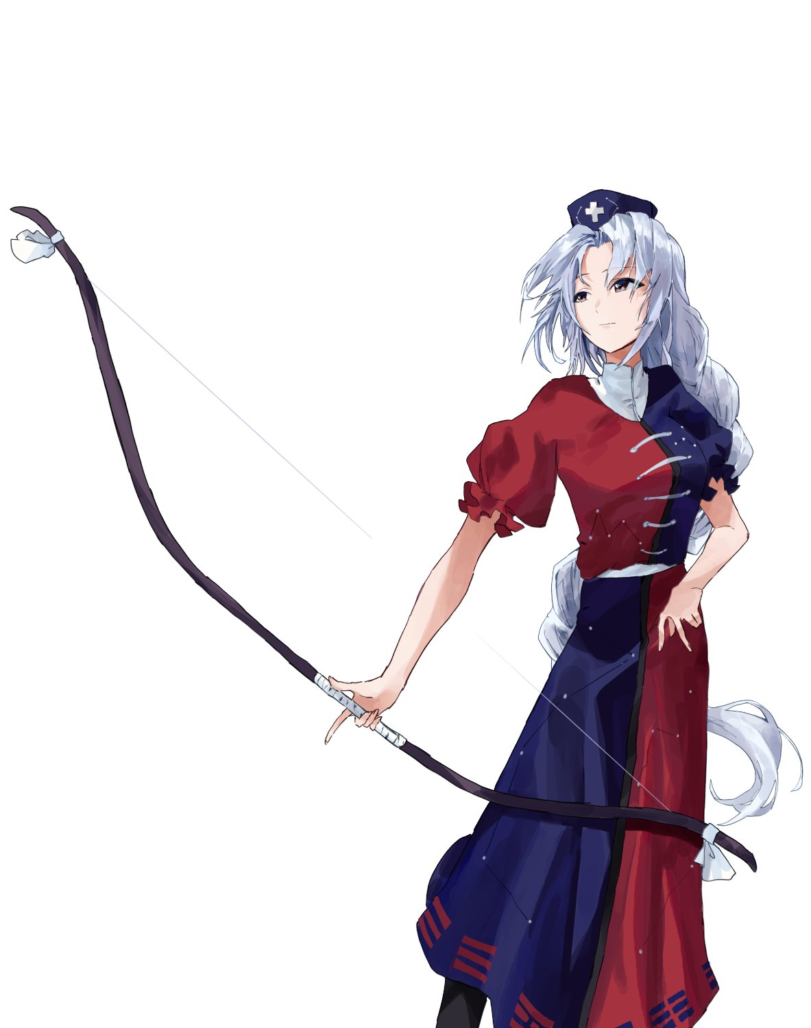 1girl amano_kokoko bangs blue_dress bow_(weapon) braid braided_ponytail breasts brown_eyes closed_mouth constellation_print dress eyebrows_visible_through_hair feet_out_of_frame hat highres holding holding_bow_(weapon) holding_weapon long_hair looking_to_the_side medium_breasts negative_space nurse_cap parted_bangs puffy_short_sleeves puffy_sleeves red_dress short_sleeves silver_hair simple_background solo standing touhou two-tone_dress v very_long_hair weapon white_background yagokoro_eirin
