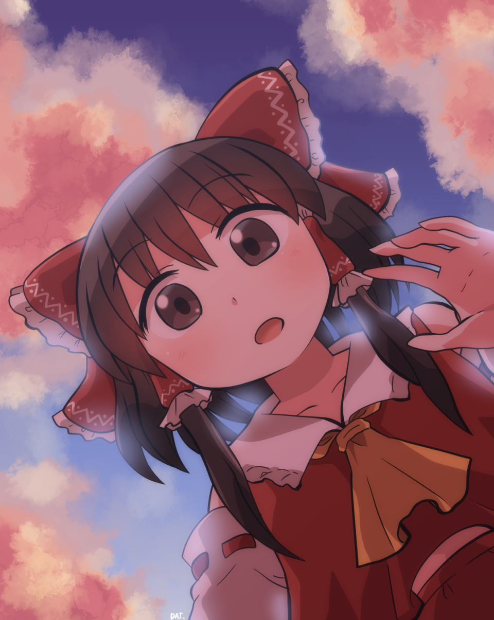 1girl :o ascot bare_shoulders bloom bow brown_eyes brown_hair cherry_blossoms commentary_request day detached_sleeves face frills from_below hair_bow hair_tubes hakurei_reimu highres light_blush looking_at_viewer medium_hair midriff_peek open_mouth red_skirt red_vest rokugou_daisuke skirt sky solo touhou vest yellow_neckwear