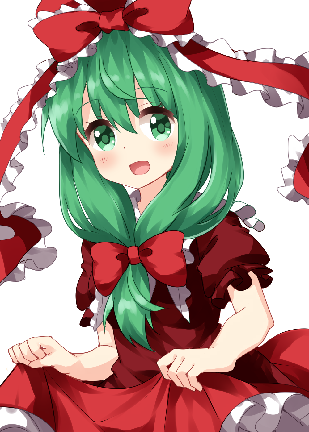 1girl bangs bow dress eyebrows_visible_through_hair frilled_ribbon frills front_ponytail green_hair hair_between_eyes hair_bow highres holding holding_clothes holding_dress kagiyama_hina long_hair looking_at_viewer open_mouth red_bow red_dress red_ribbon ribbon ruu_(tksymkw) short_sleeves simple_background smile solo standing touhou white_background