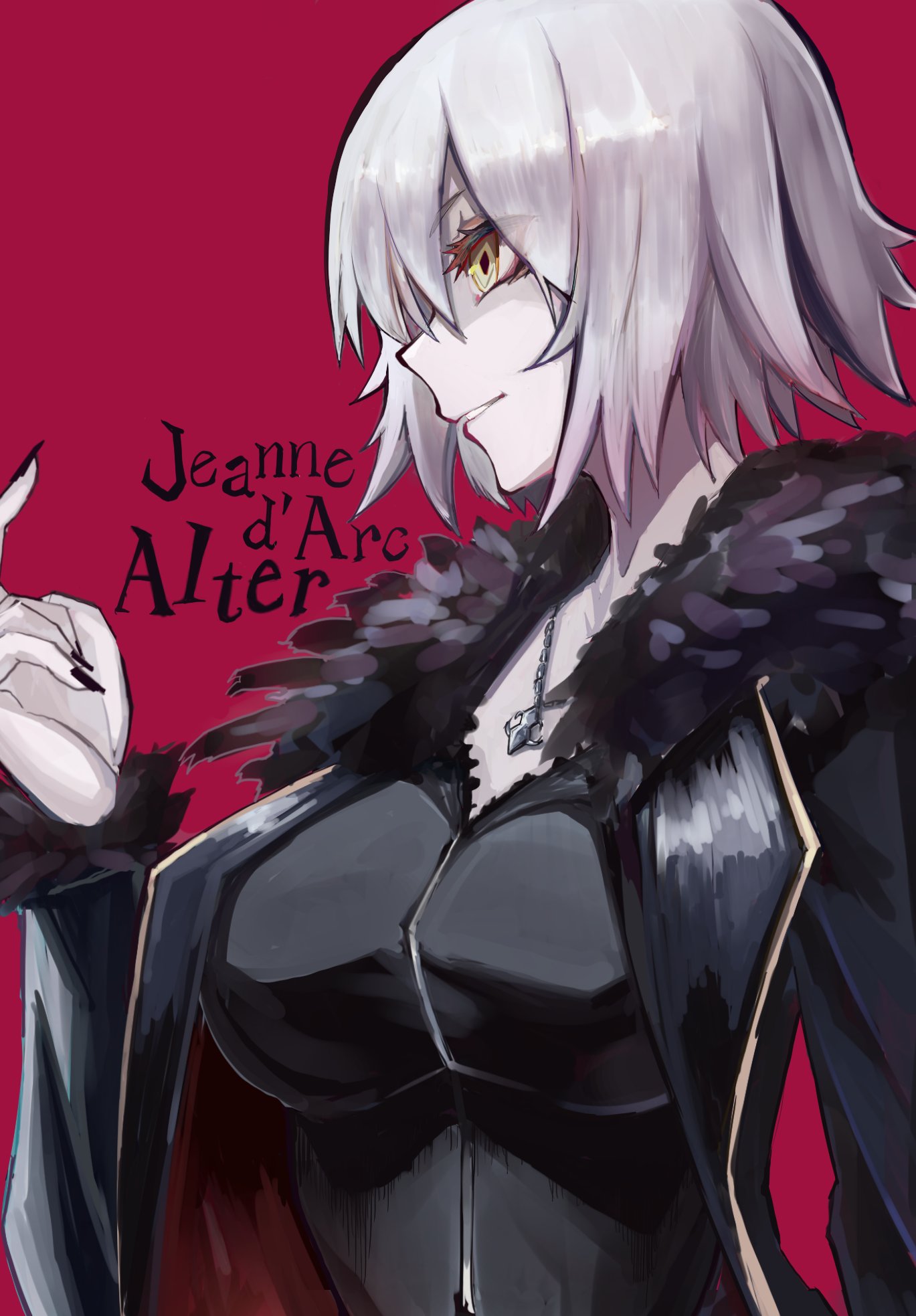 1girl akitsu_(davis0527dx) black_coat black_nails breasts coat colored_skin english_text fate/grand_order fate_(series) from_side fur_trim highres jeanne_d'arc_(alter)_(fate) jeanne_d'arc_(fate)_(all) jewelry medium_breasts necklace red_background short_hair smile white_hair white_skin wicked_dragon_witch_ver._shinjuku_1999 yellow_eyes