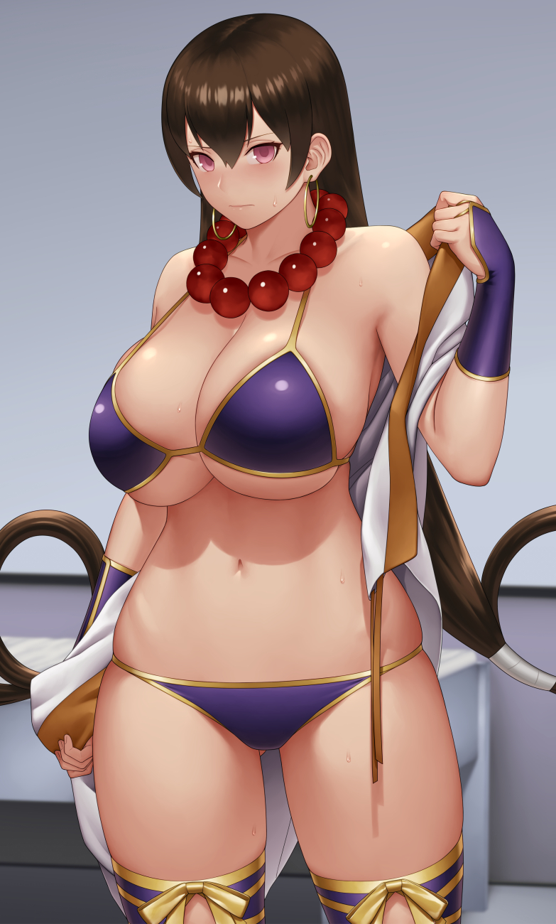 1girl bead_necklace beads bikini breasts bridal_gauntlets brown_hair collarbone cowboy_shot earrings fate/grand_order fate_(series) gloves gonoike_biwa highres hoop_earrings indoors jewelry large_breasts long_hair navel necklace prayer_beads purple_bikini purple_gloves red_eyes solo standing swimsuit very_long_hair xuanzang_(fate/grand_order)