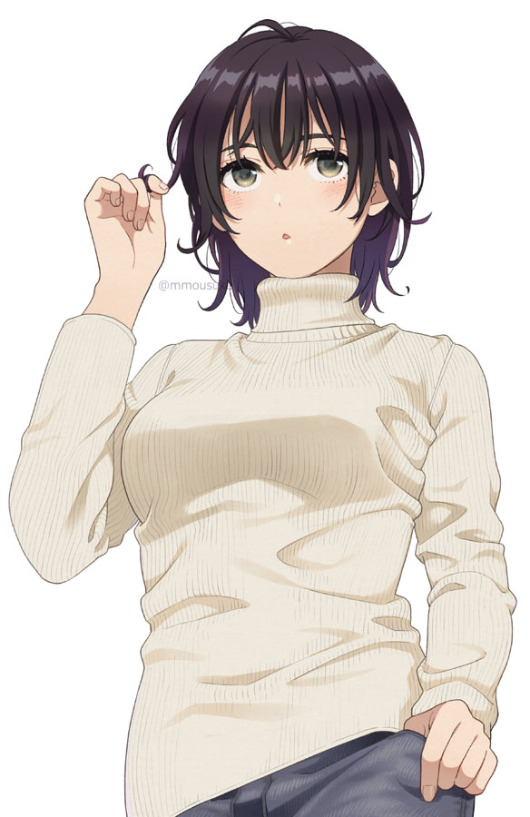 1girl :o bangs black_hair blush breasts brown_eyes eyebrows_behind_hair hair_between_eyes hair_tousle hand_up long_sleeves mattaku_mousuke original parted_lips ribbed_sweater simple_background small_breasts solo sweater twitter_username upper_body white_background white_sweater