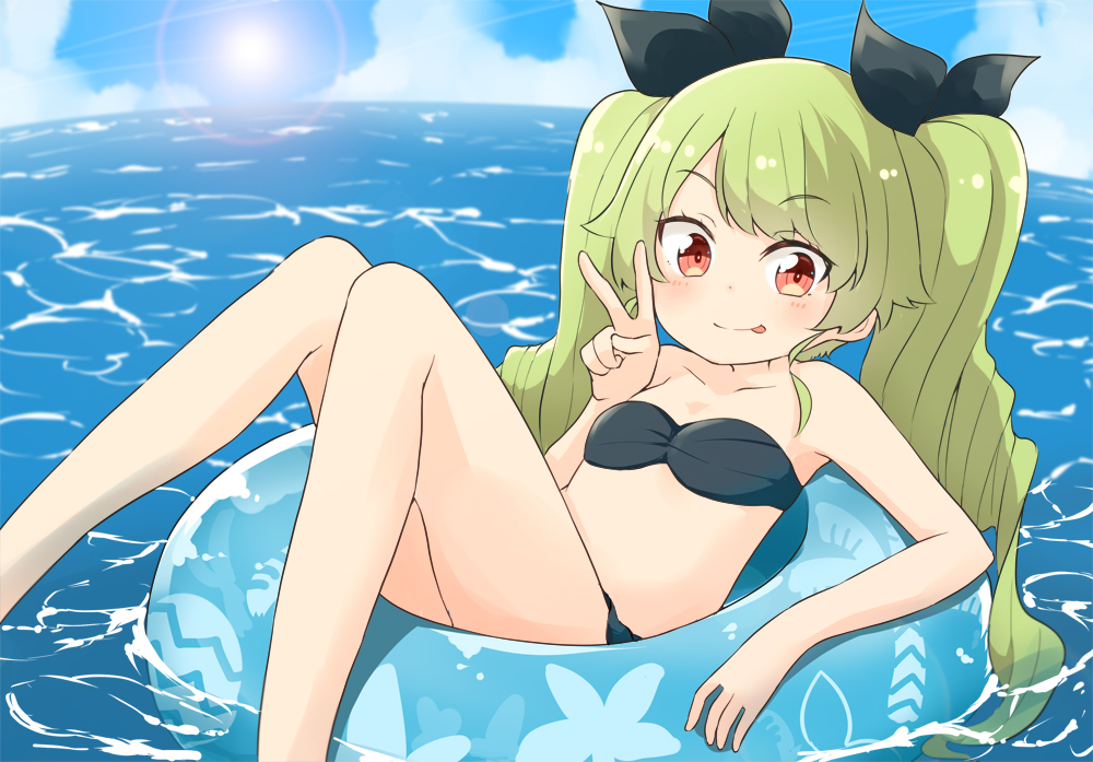 1girl :p anchovy_(girls_und_panzer) bandeau bangs barashiya bikini black_bikini black_ribbon blue_sky blurry blurry_background breasts closed_mouth clouds cloudy_sky commentary day depth_of_field drill_hair eyebrows_visible_through_hair girls_und_panzer green_hair hair_ribbon horizon innertube long_hair looking_at_viewer ocean outdoors red_eyes ribbon sitting sky small_breasts smile solo strapless strapless_bikini sun swimsuit tongue tongue_out twin_drills twintails v water