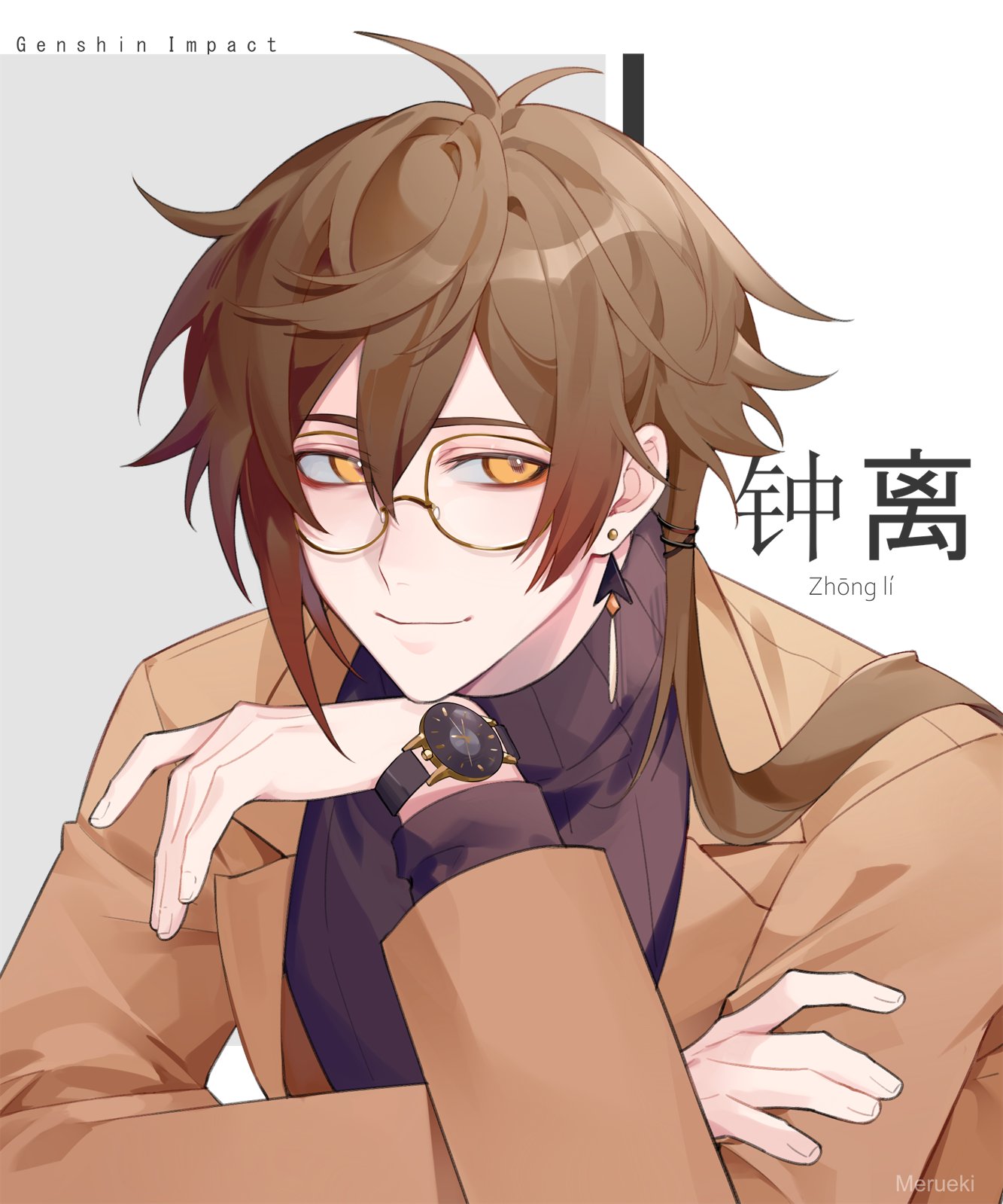 1boy bangs brown_hair chinese_text closed_mouth earrings english_text formal genshin_impact glasses hair_between_eyes highres jacket jewelry long_hair long_sleeves looking_at_viewer male_focus merueki simple_background single_earring smile solo translation_request turtleneck watch white_background yellow_eyes zhongli_(genshin_impact)