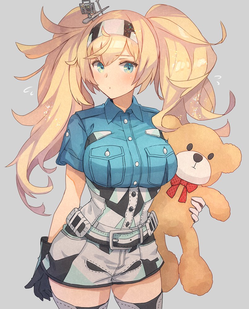 1girl belt blonde_hair blue_eyes blue_shirt breast_pocket breasts collared_shirt cowboy_shot gambier_bay_(kantai_collection) gloves grey_background hairband kantai_collection kasumi_(skchkko) large_breasts multicolored multicolored_clothes multicolored_gloves pocket shirt shorts simple_background solo stuffed_animal stuffed_toy teddy_bear thigh-highs twintails white_legwear