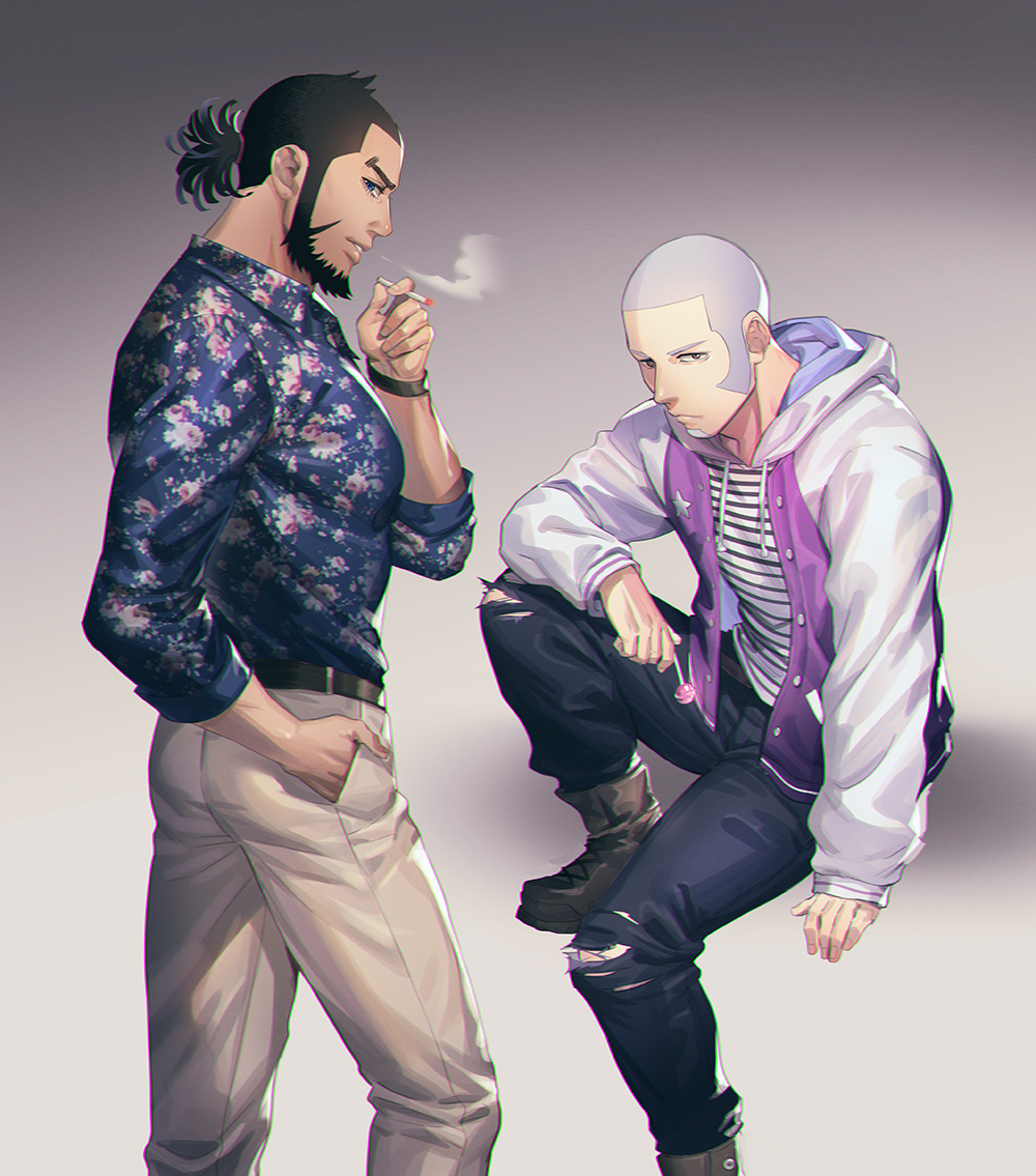 2boys alternate_costume beard black_hair black_pants blue_eyes blue_shirt brown_footwear buzz_cut casual character_name cigarette collared_shirt contrapposto english_text expressionless facial_hair feet_out_of_frame foxvulpine from_side full_body goatee golden_kamuy grey_hair hood hoodie kiroranke long_sleeves male_focus multiple_boys open_clothes open_hoodie pants shiraishi_yoshitake shirt short_hair sideburns sitting smoke smoking striped striped_shirt torn_clothes torn_pants very_short_hair white_pants