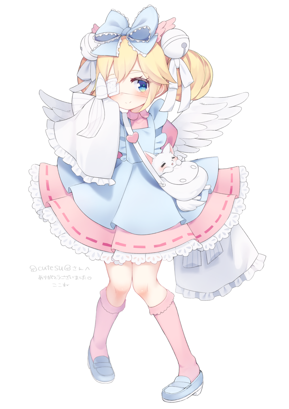 1girl animal apron bag bell blonde_hair blue_apron blue_bow blue_eyes blue_footwear blush bow closed_mouth commentary_request cutesu_(cutesuu) double_bun dress eyepatch feathered_wings frilled_sleeves frills full_body hair_bell hair_bow hair_ornament hair_ribbon highres jingle_bell kneehighs kokone_(coconeeeco) loafers long_sleeves medical_eyepatch original pink_dress pink_lips puffy_short_sleeves puffy_sleeves ribbon shoes short_over_long_sleeves short_sleeves shoulder_bag simple_background sleeves_past_fingers sleeves_past_wrists smile solo standing white_background white_ribbon white_wings wide_sleeves wings