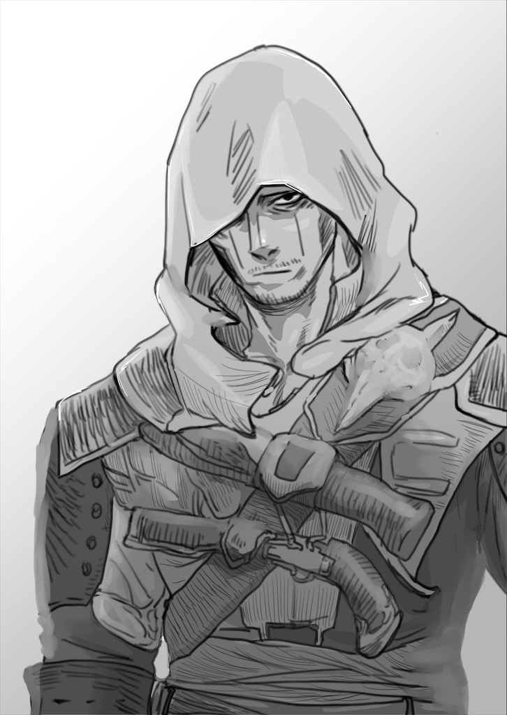 1boy assassin's_creed_(series) assassin's_creed_iv:_black_flag black_eyes character_request cosplay edward_kenway edward_kenway_(cosplay) facial_hair gradient gradient_background gun hood izurunet knife long_sleeves looking_at_viewer monochrome simple_background solo stubble upper_body weapon